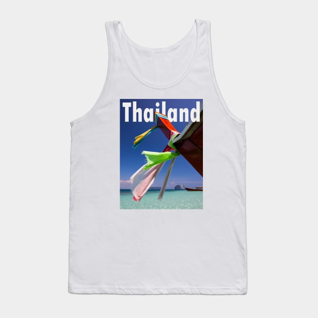 Thailand beach scene of a long tail boat on idyllic shores, typography. Tank Top by Earthworx